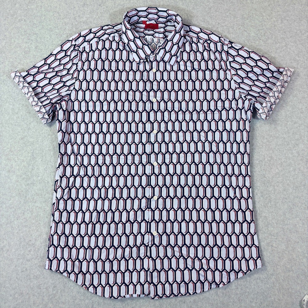 Devils Advocate Mens Large SS Button Down Shirt Geometric Honeycomb Blue